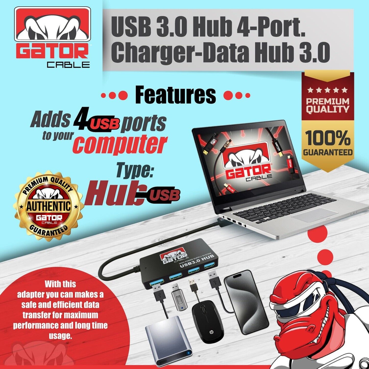 USB 3.0 Hub 4-Port Adapter Charger Data Super Speed for PC Mac Laptop Desktop