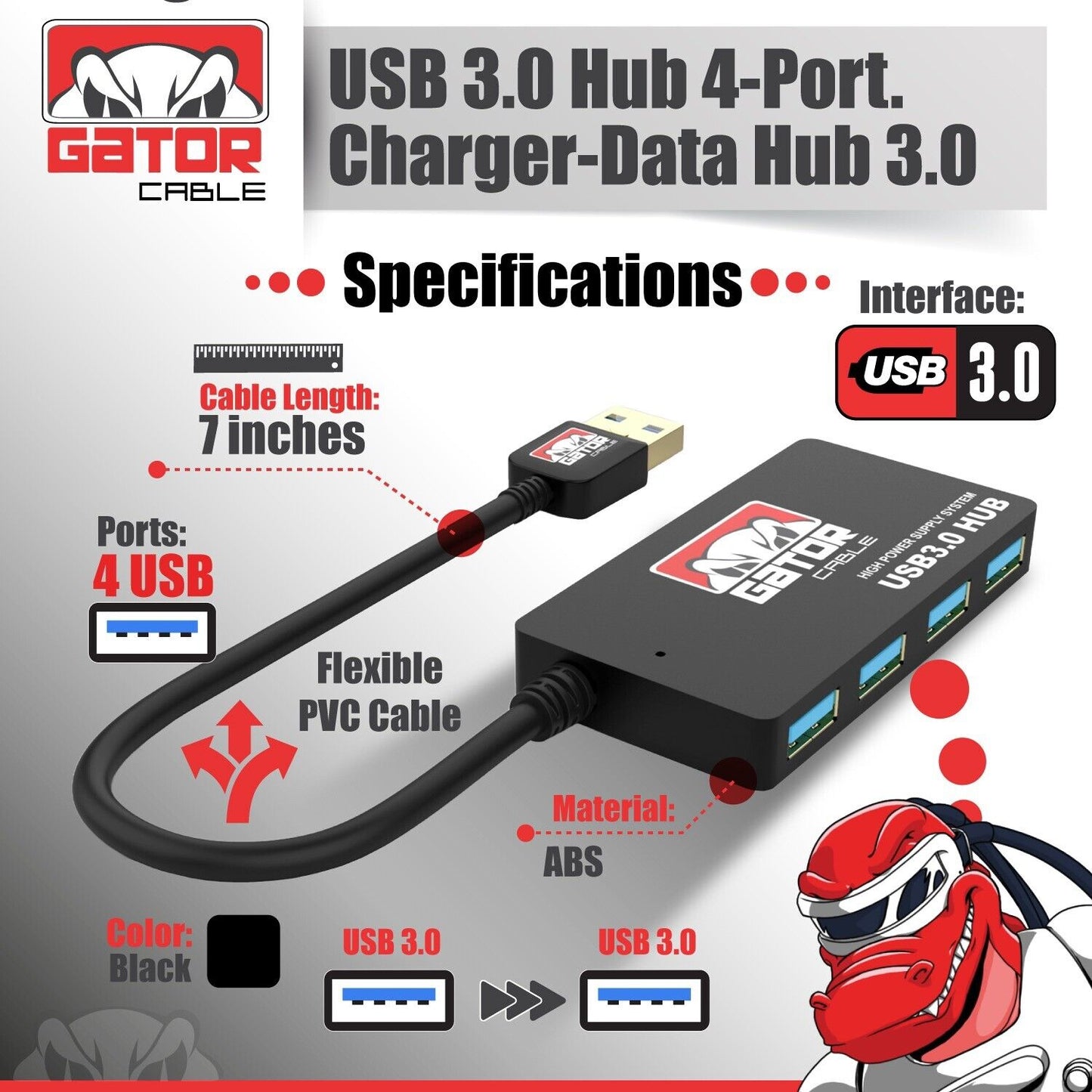 USB 3.0 Hub 4-Port Adapter Charger Data Super Speed for PC Mac Laptop Desktop