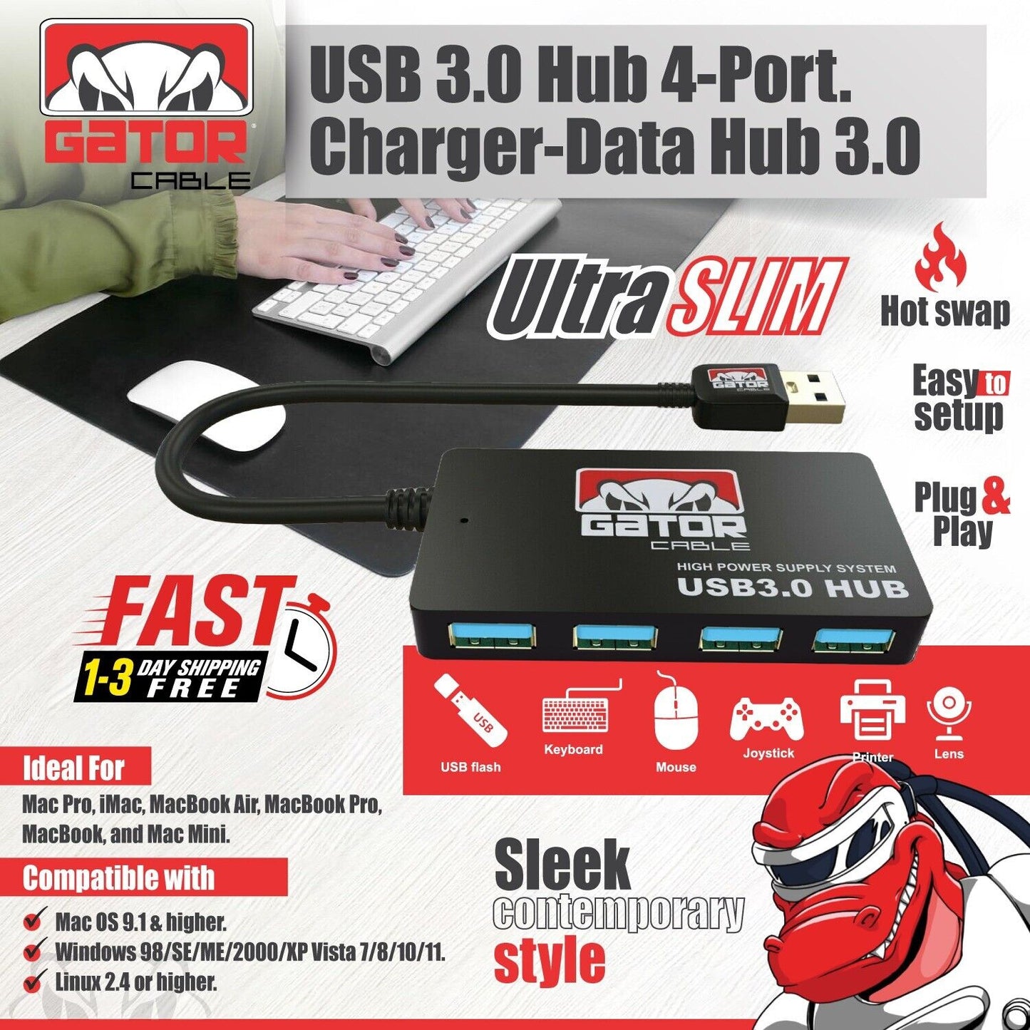 USB 3.0 Hub 4-Port Adapter Charger Data Super Speed for PC Mac Laptop Desktop