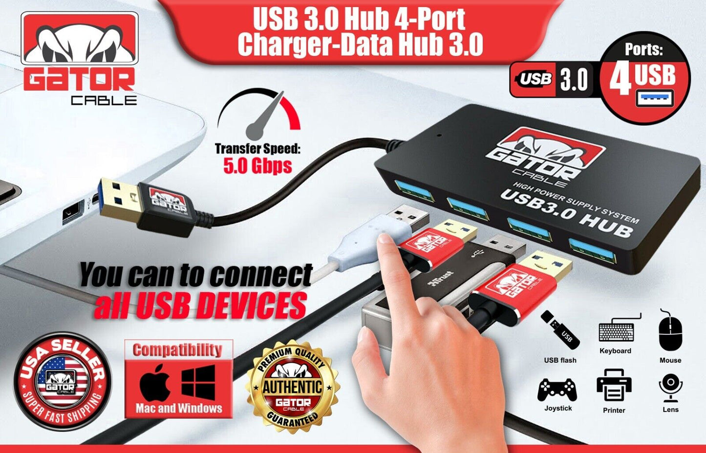 USB 3.0 Hub 4-Port Adapter Charger Data Super Speed for PC Mac Laptop Desktop