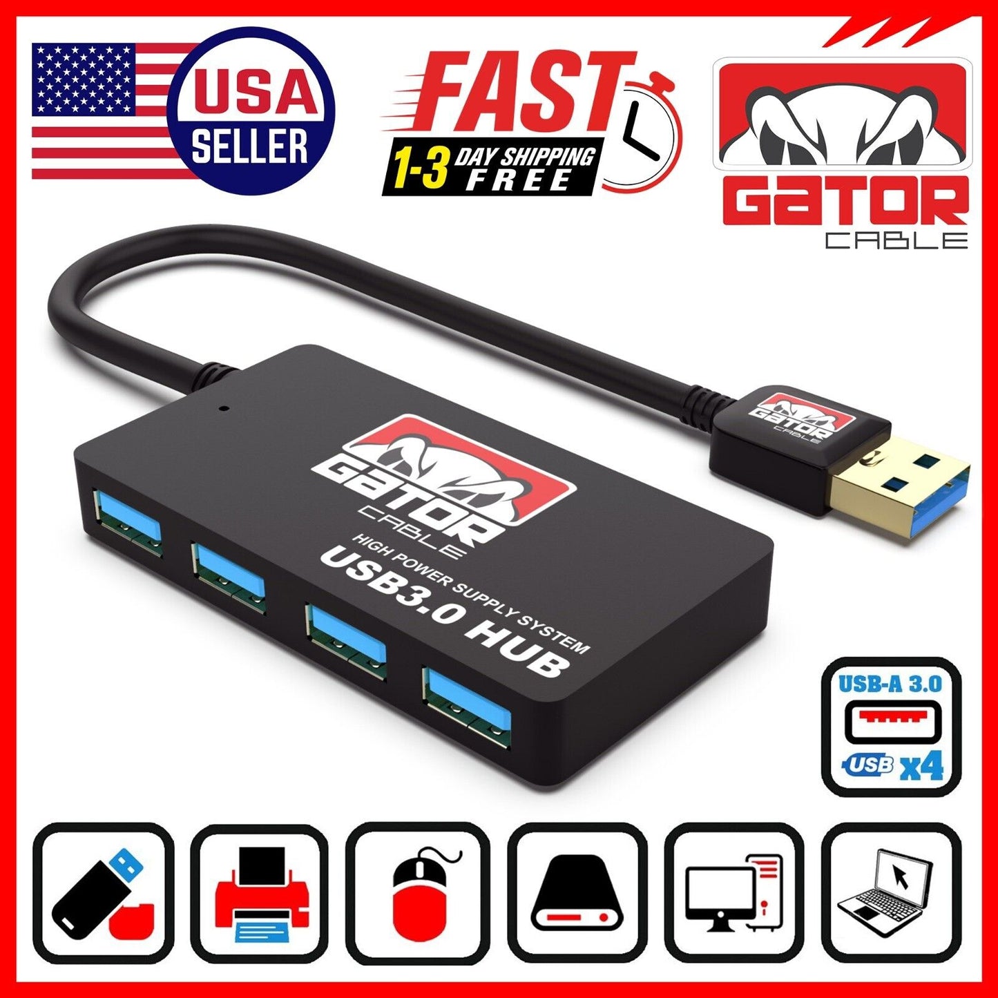 USB 3.0 Hub 4-Port Adapter Charger Data Super Speed for PC Mac Laptop Desktop
