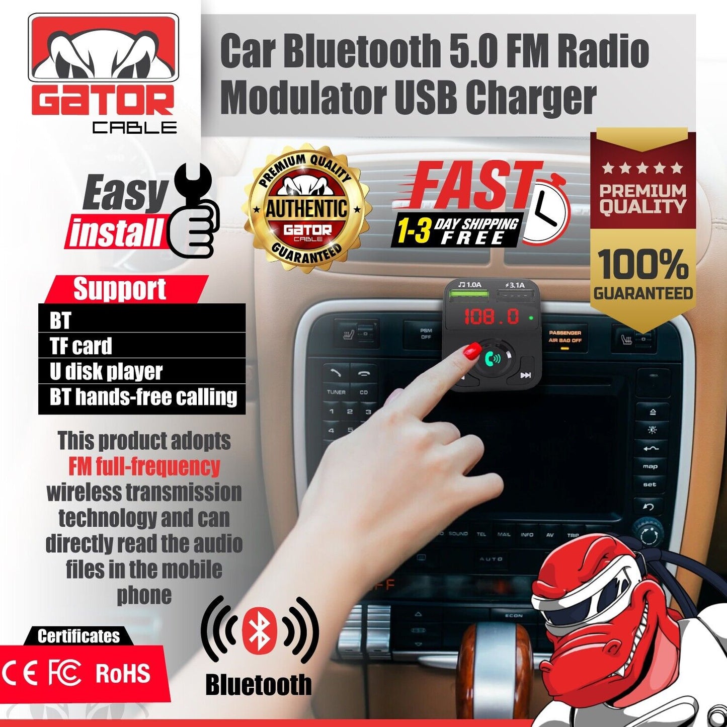 Car Bluetooth FM Radio Transmitter Wireless Adapter 2USB Charger AUX Hands Free