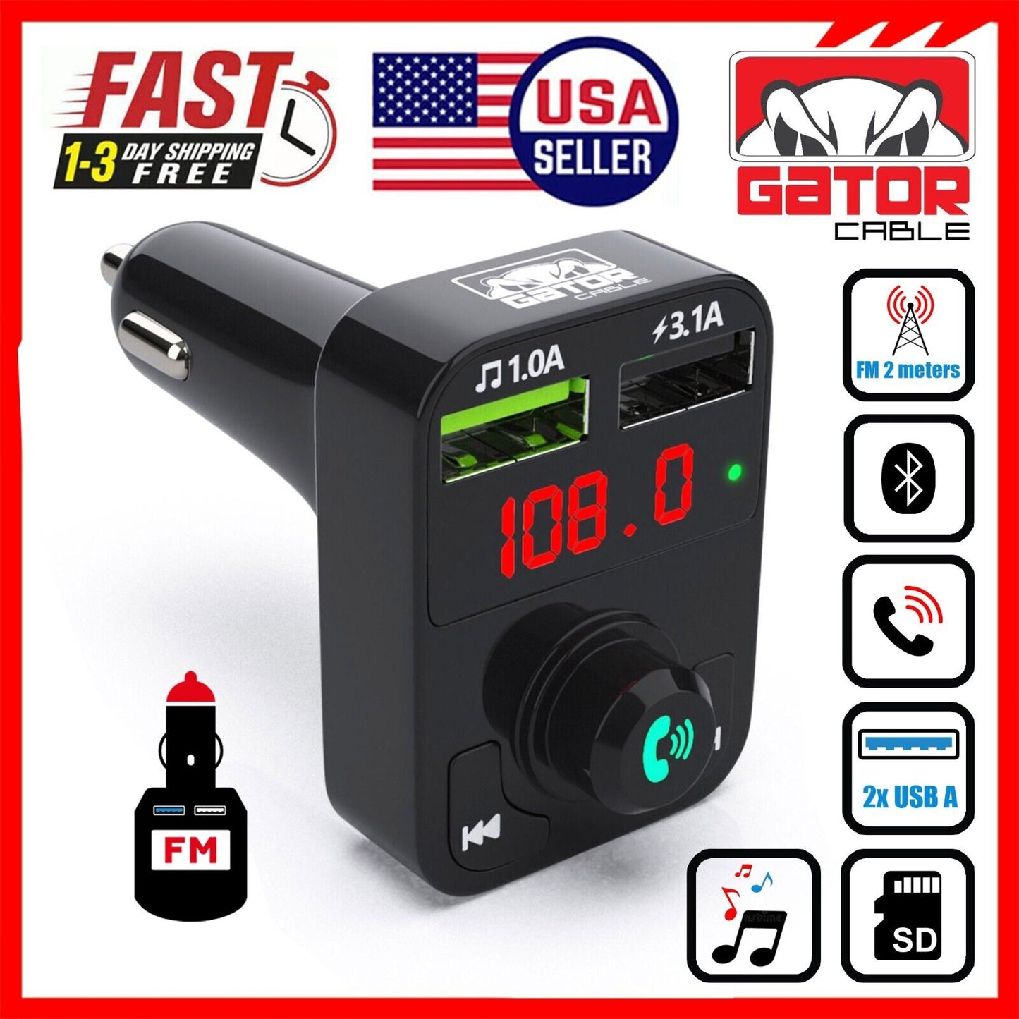 Car Bluetooth FM Radio Transmitter Wireless Adapter 2USB Charger AUX Hands Free