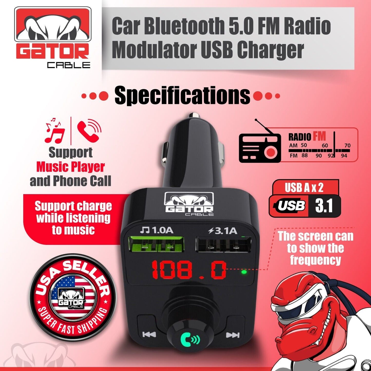 Car Bluetooth FM Radio Transmitter Wireless Adapter 2USB Charger AUX Hands Free