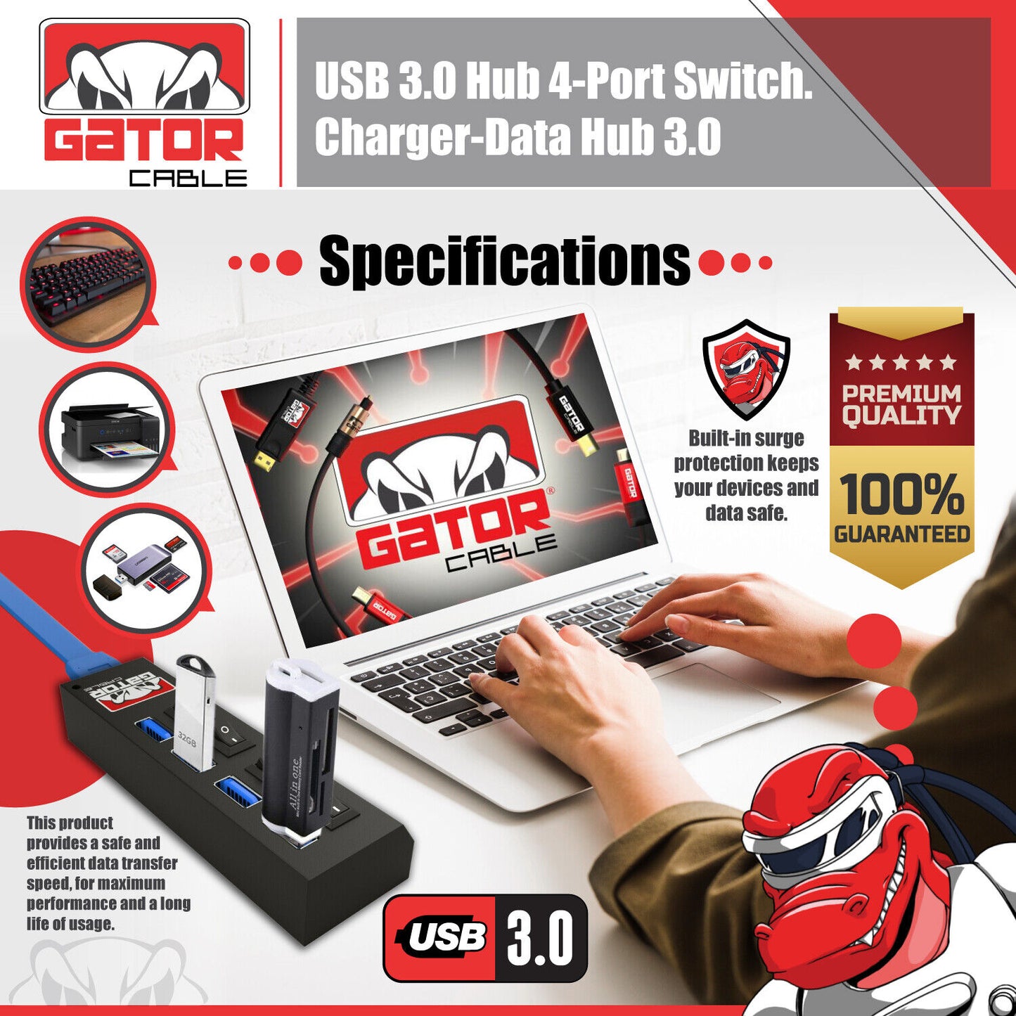 USB 3.0 HUB 4-Port Switch Splitter Charger Adapter Powered for PC Laptop Desktop
