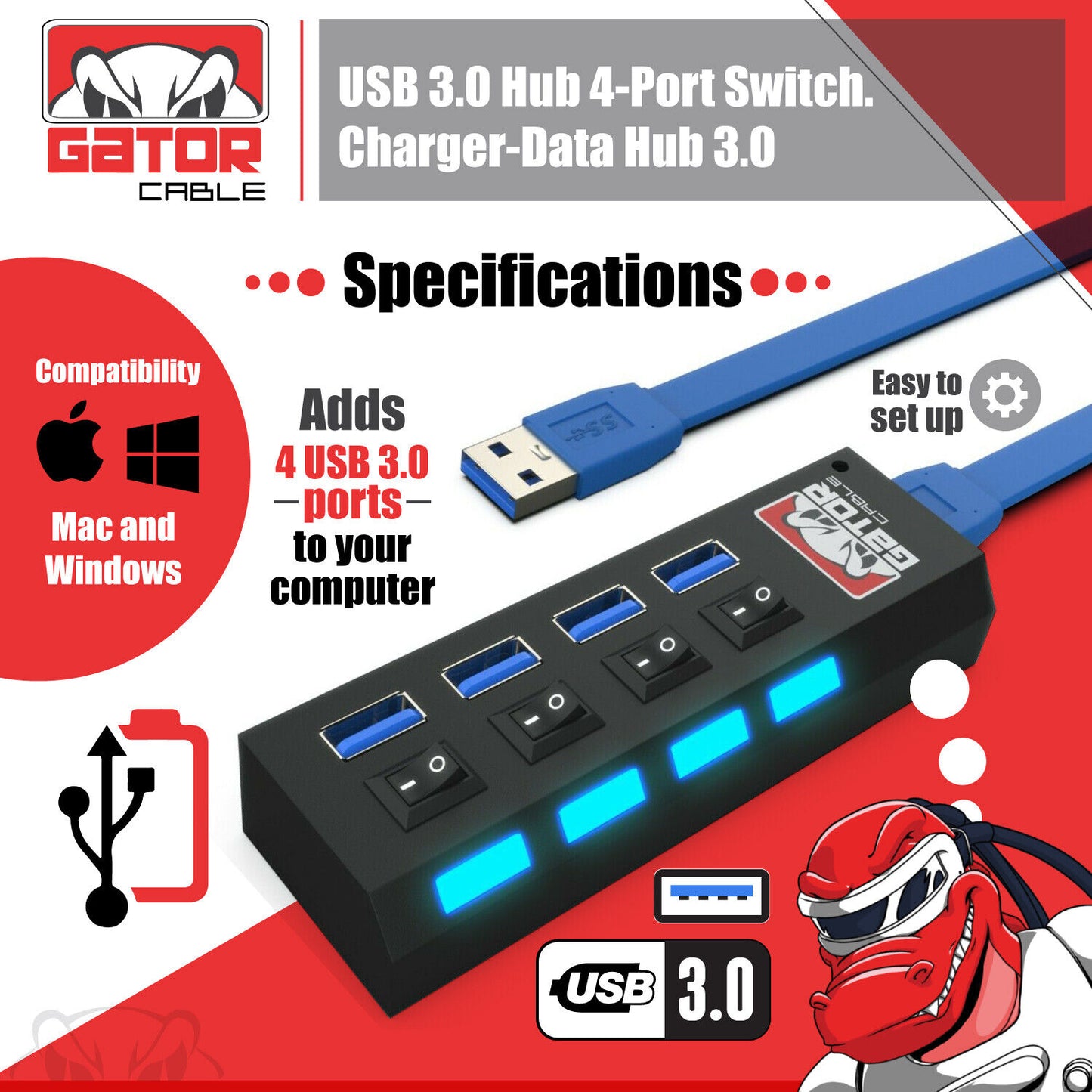 USB 3.0 HUB 4-Port Switch Splitter Charger Adapter Powered for PC Laptop Desktop