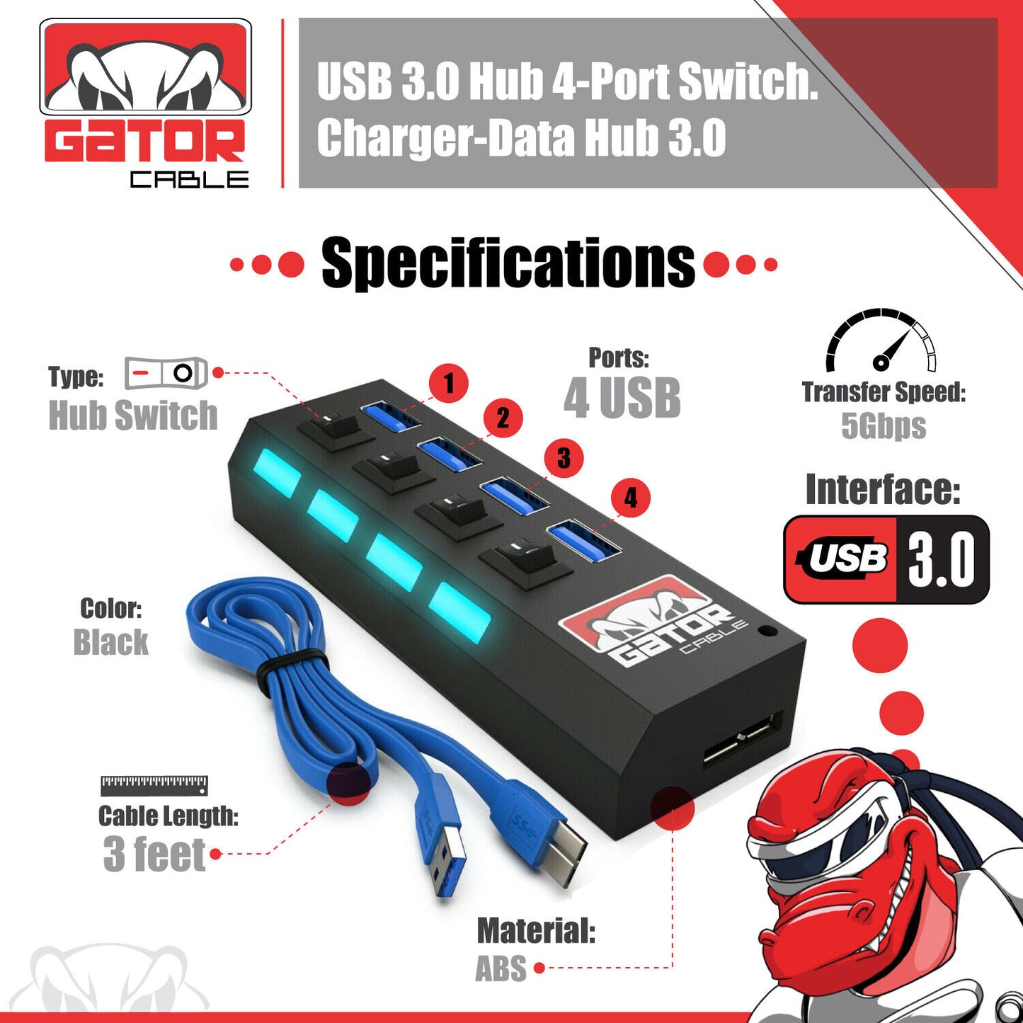USB 3.0 HUB 4-Port Switch Splitter Charger Adapter Powered for PC Laptop Desktop