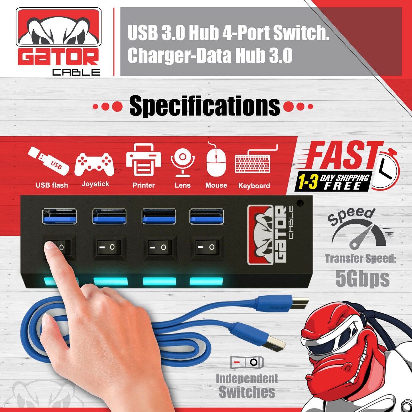 USB 3.0 HUB 4-Port Switch Splitter Charger Adapter Powered for PC Laptop Desktop