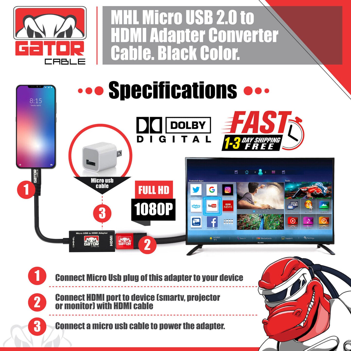 MHL Micro USB to HDMI Adapter Converter Cable for Android Phone Smartphone HDTV