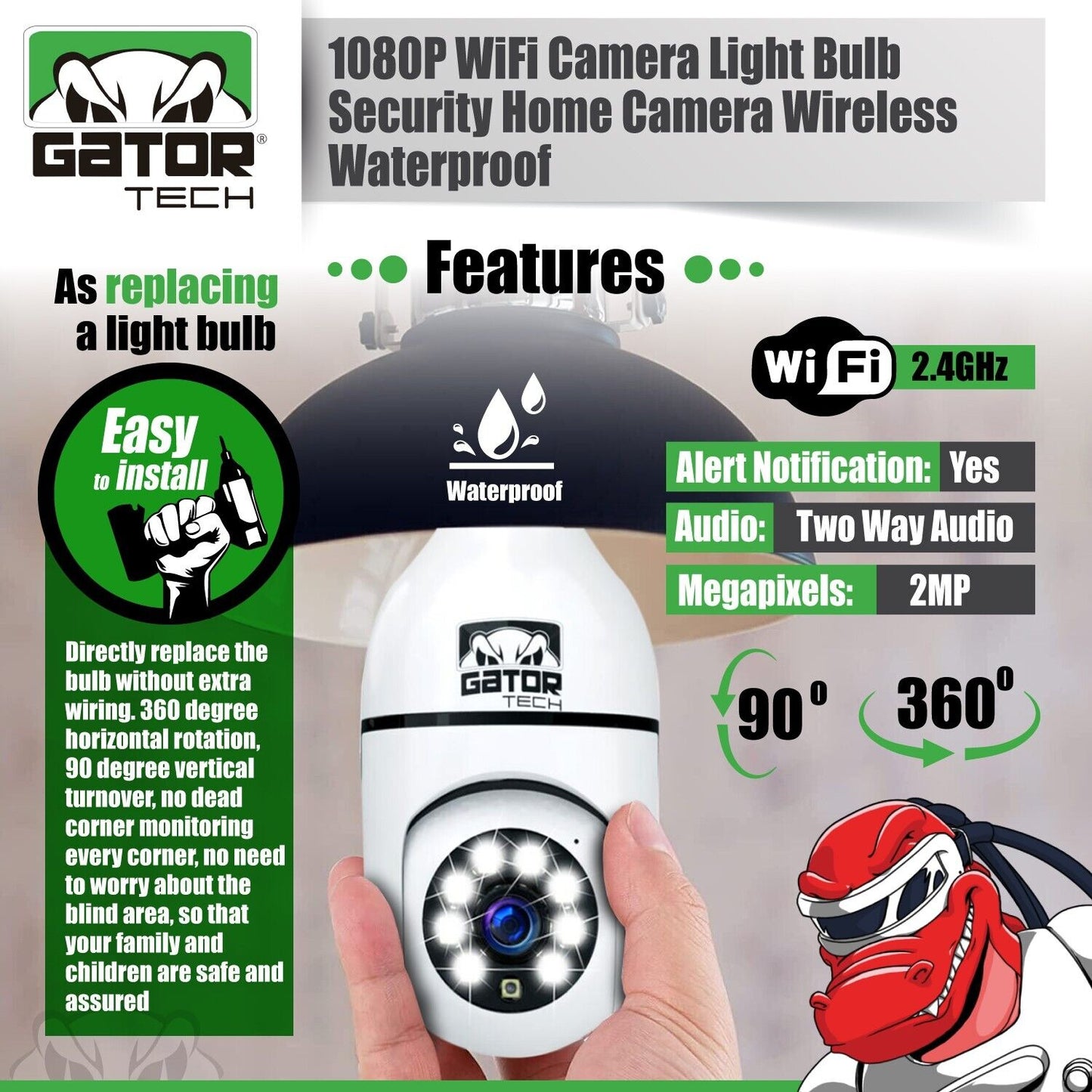 WiFi Wireless Security Camera HD 1080P IR Night Light Bulb Home Waterproof IP66