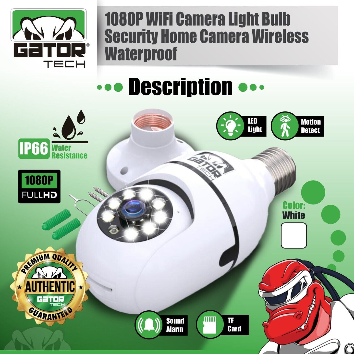 WiFi Wireless Security Camera HD 1080P IR Night Light Bulb Home Waterproof IP66
