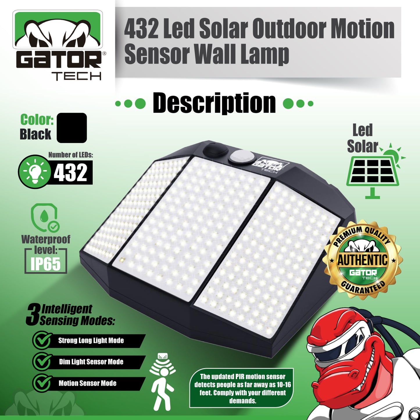 Solar Power 432 LED PIR Motion Sensor Outdoor Security Garden Wall Lamp Light