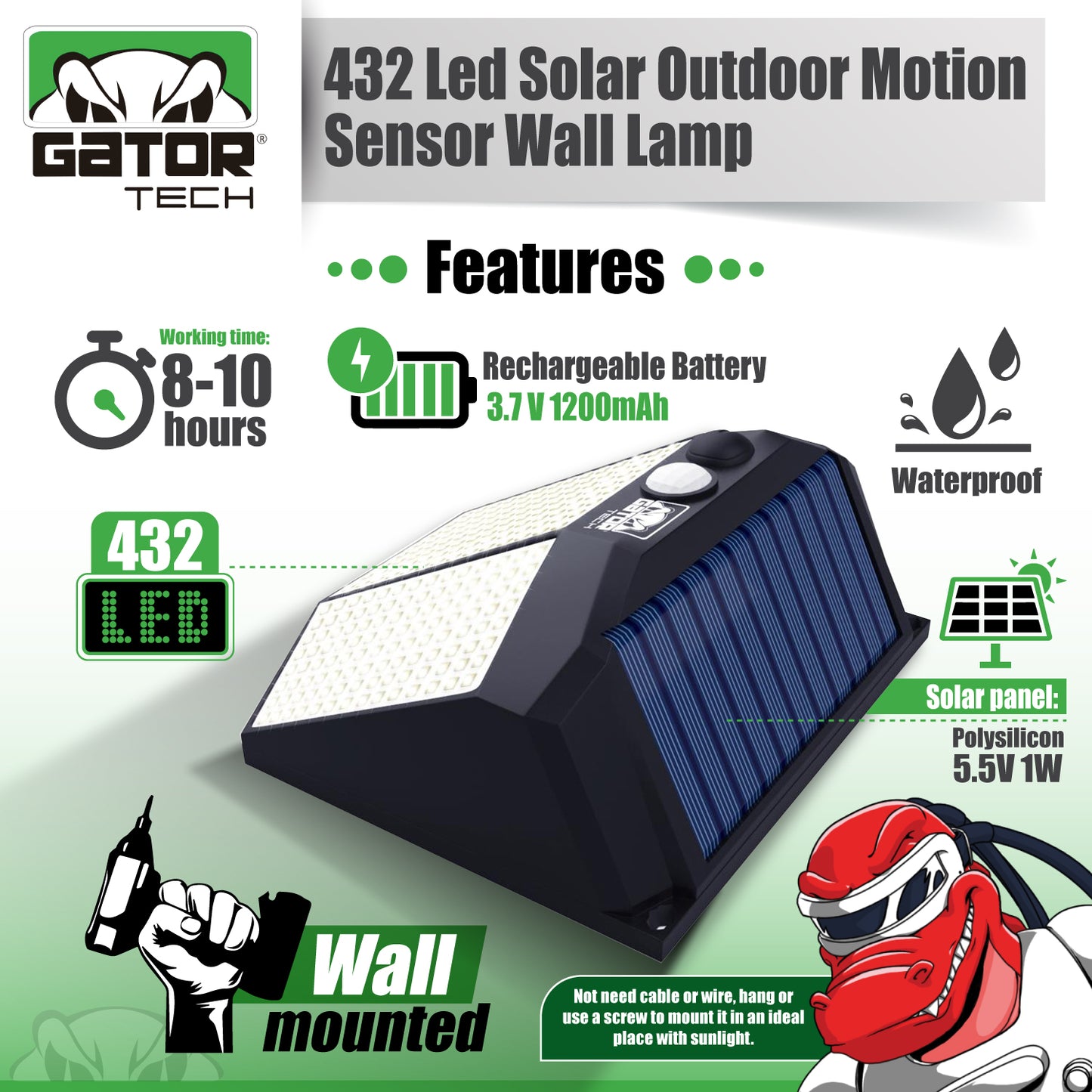 Solar Power 432 LED PIR Motion Sensor Outdoor Security Garden Wall Lamp Light