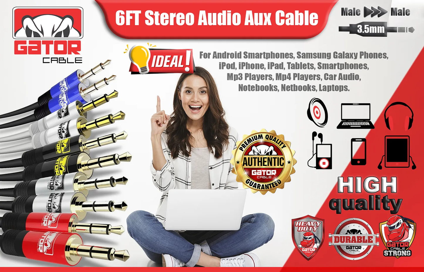 AUX 3.5mm Male to Male Audio Cable Cord For iPhone Samsung LG Mobile Phone 6FT