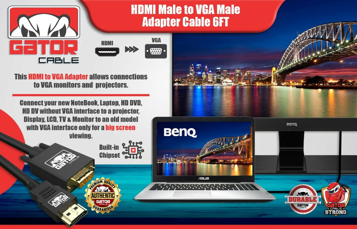 HDMI to VGA Cable Adapter Converter for HDTV PC Desktop Monitor Laptop 4K Video
