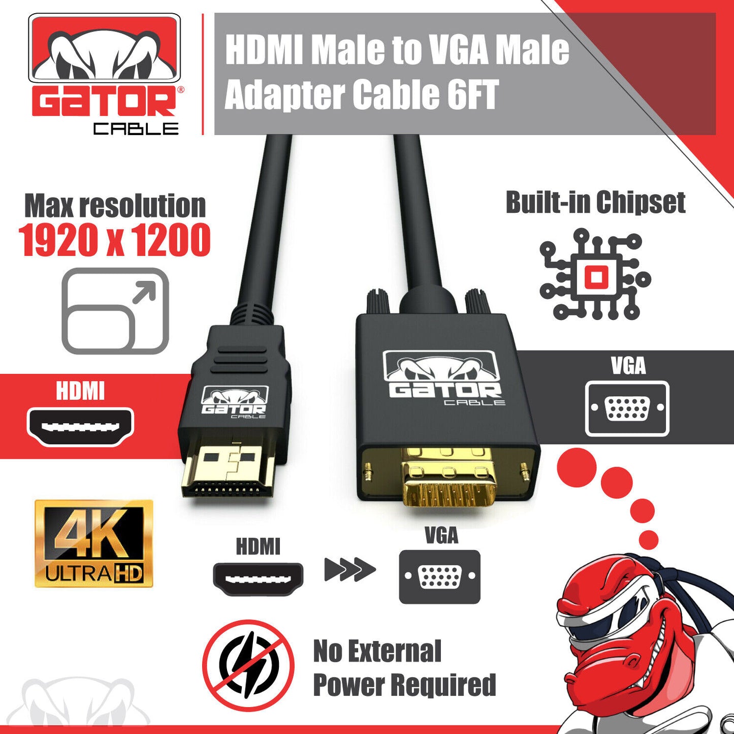 HDMI to VGA Cable Adapter Converter for HDTV PC Desktop Monitor Laptop 4K Video