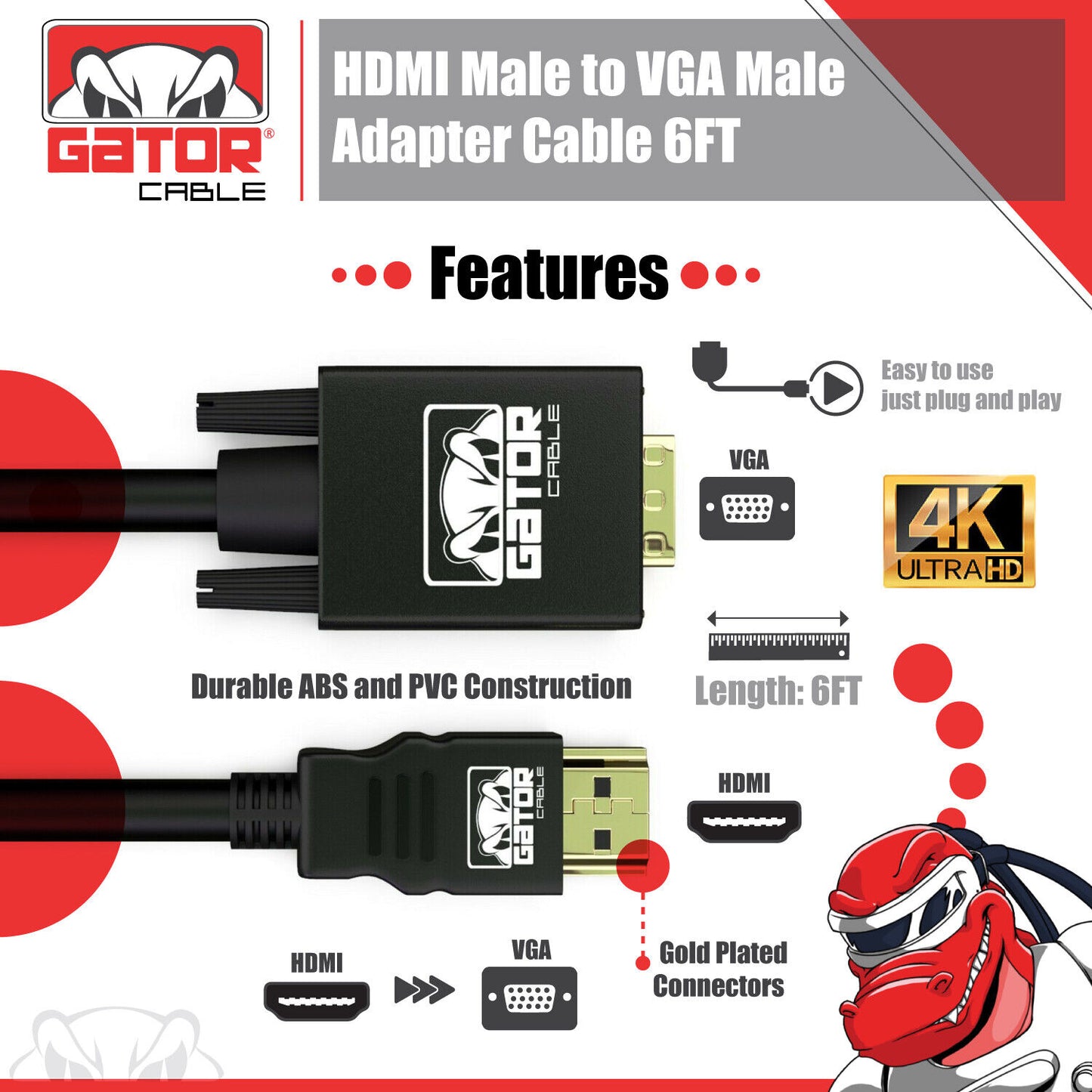 HDMI to VGA Cable Adapter Converter for HDTV PC Desktop Monitor Laptop 4K Video
