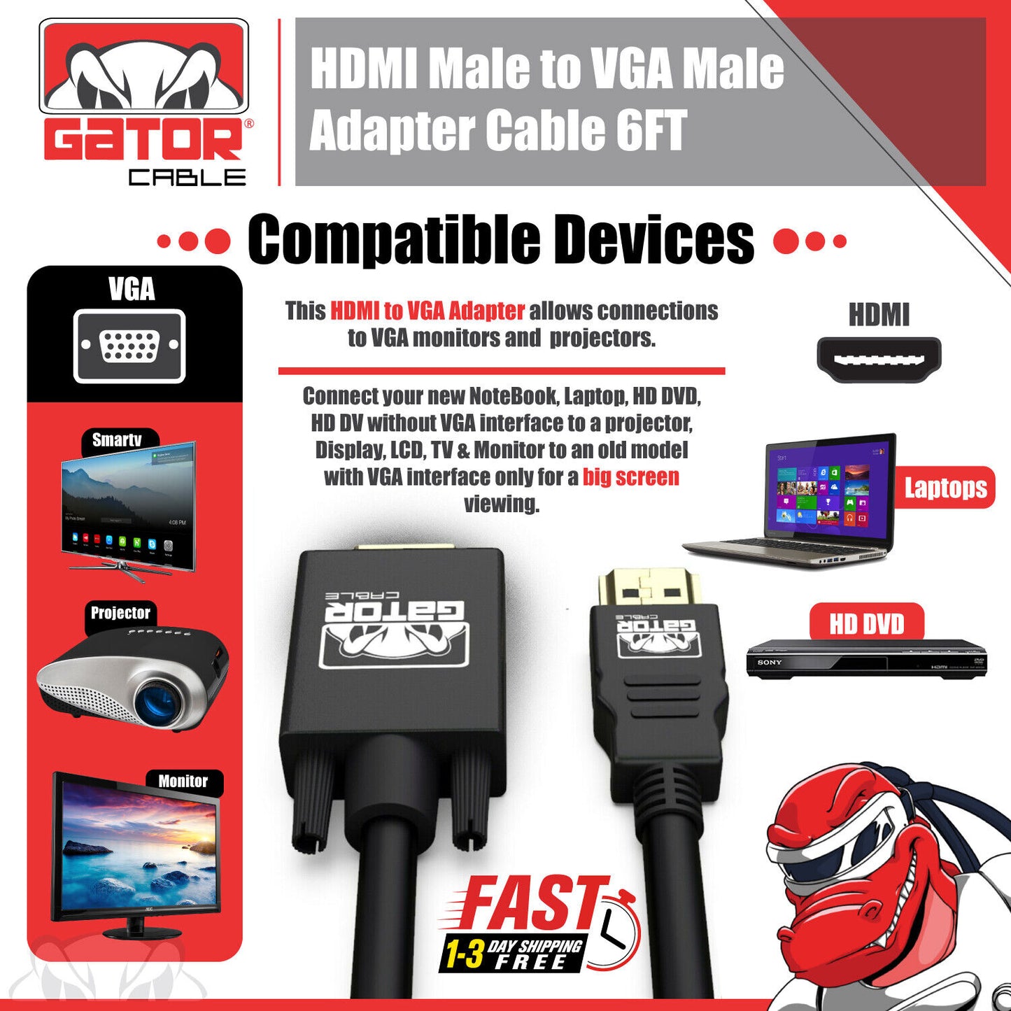 HDMI to VGA Cable Adapter Converter for HDTV PC Desktop Monitor Laptop 4K Video