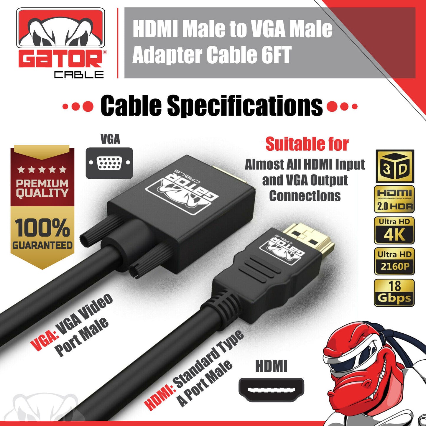 HDMI to VGA Cable Adapter Converter for HDTV PC Desktop Monitor Laptop 4K Video
