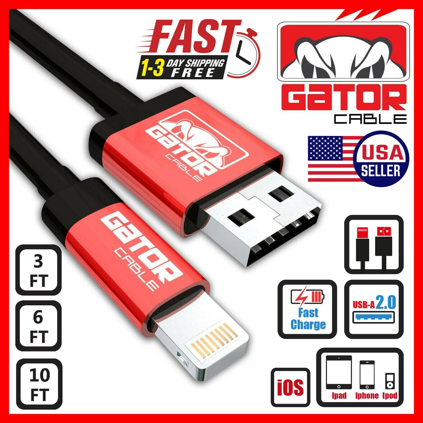 USB-A Charger Cable Fast Charge For iPhone 7 8 SE X XR XS 11 12 13 Pro Max Plus