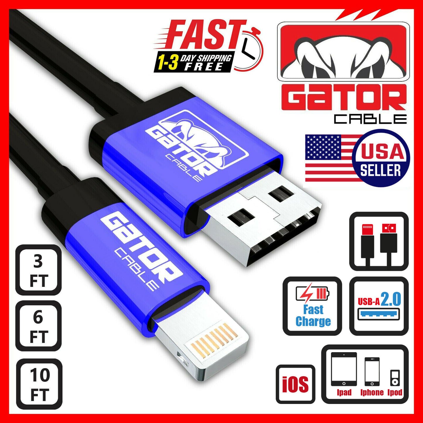 USB-A Charger Cable Fast Charge For iPhone 7 8 SE X XR XS 11 12 13 Pro Max Plus