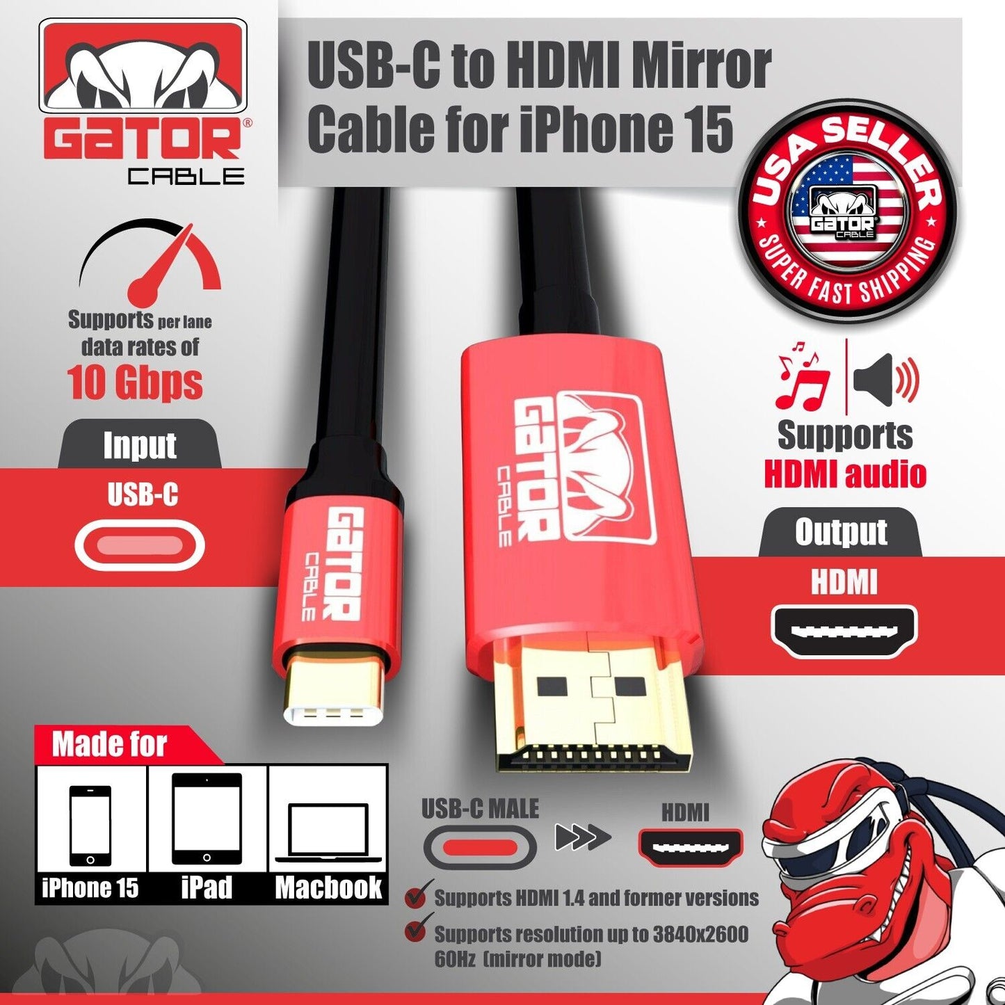 USB-C to HDMI Mirror Cable Adapter 4K 60Hz HDR HDTV For iPhone 15 Pro Max Plus