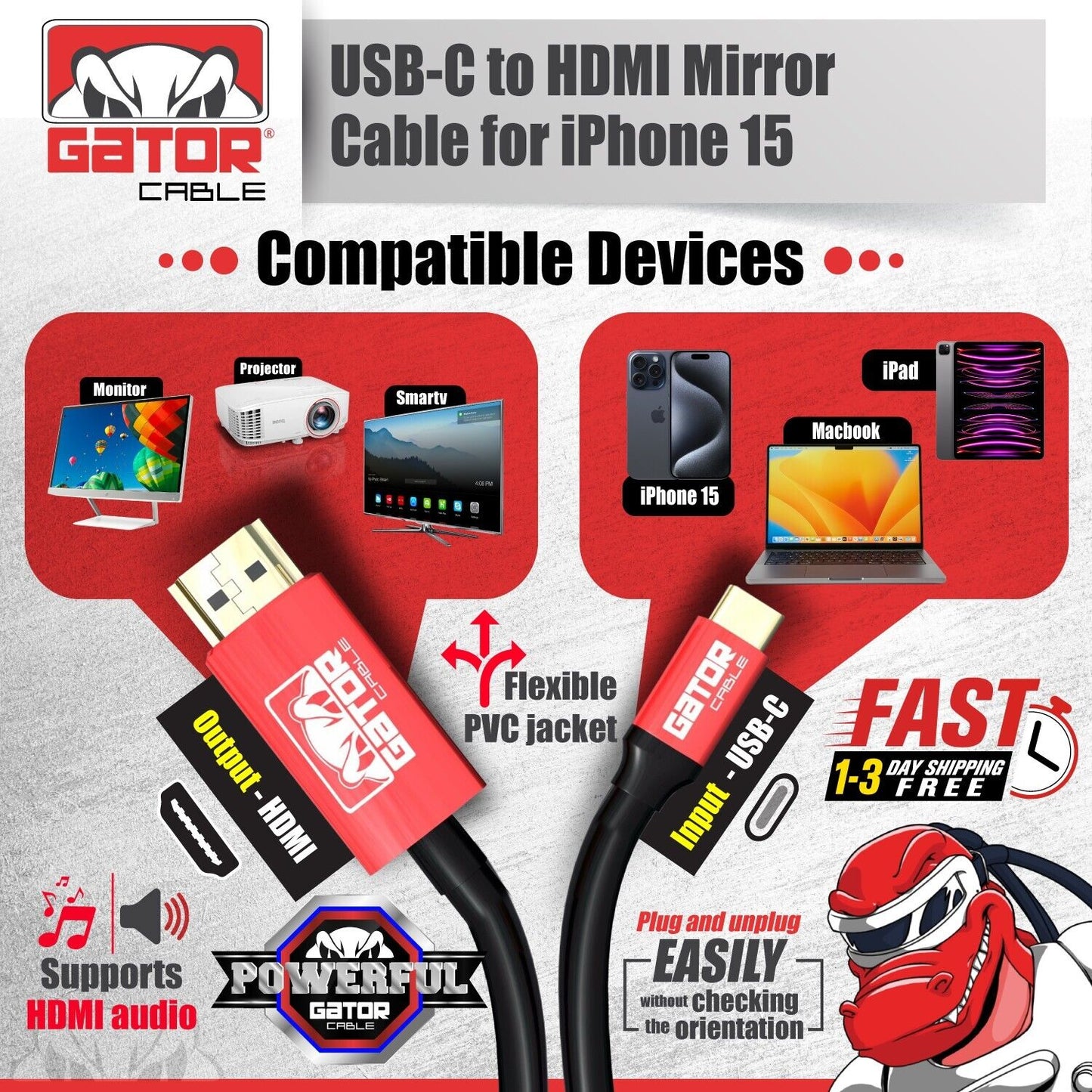 USB-C to HDMI Mirror Cable Adapter 4K 60Hz HDR HDTV For iPhone 15 Pro Max Plus