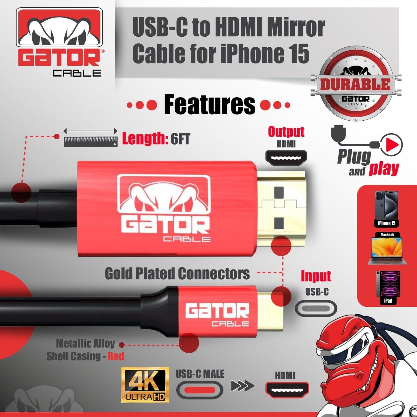 USB-C to HDMI Mirror Cable Adapter 4K 60Hz HDR HDTV For iPhone 15 Pro Max Plus