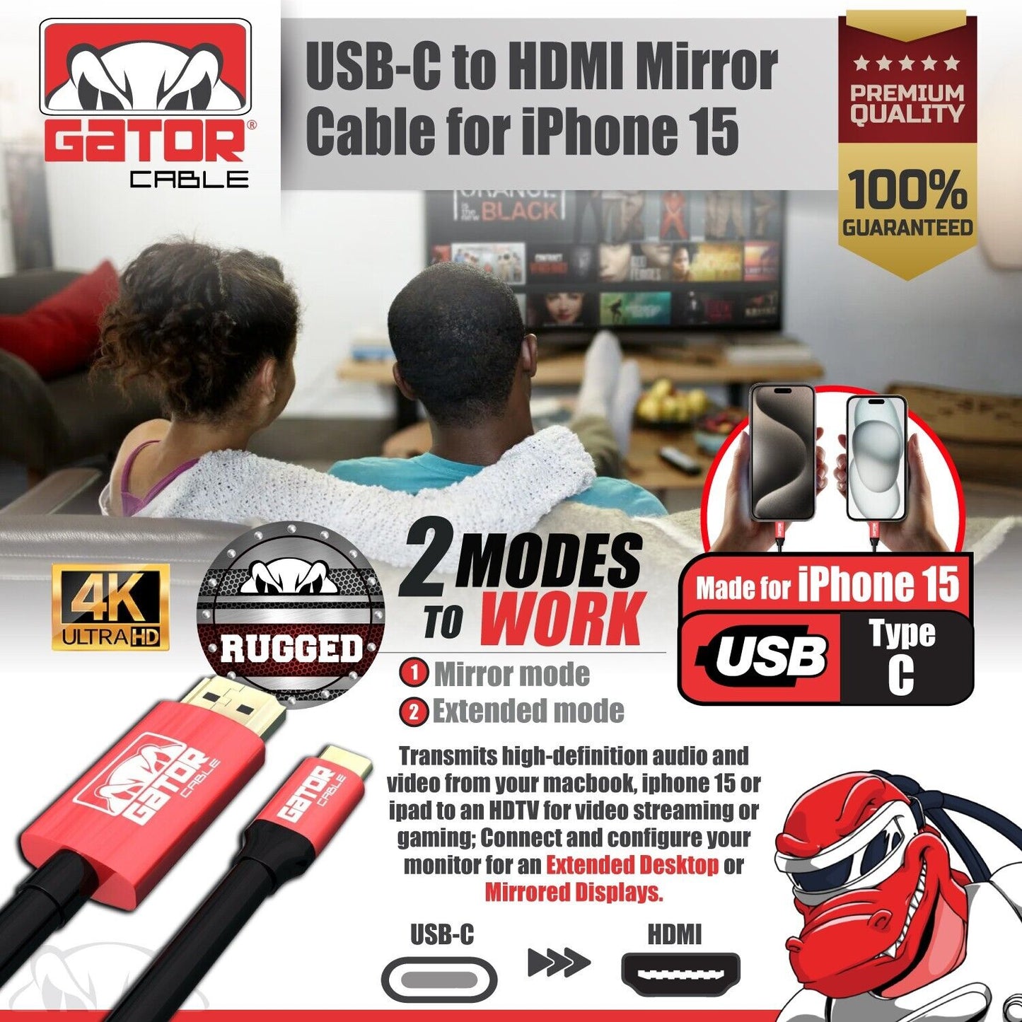 USB-C to HDMI Mirror Cable Adapter 4K 60Hz HDR HDTV For iPhone 15 Pro Max Plus