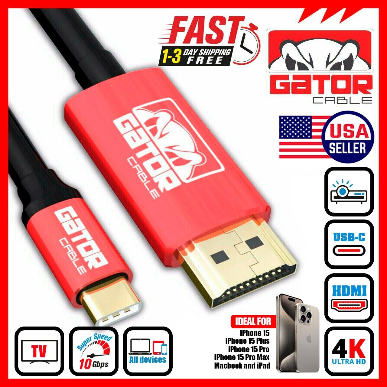 USB-C to HDMI Mirror Cable Adapter 4K 60Hz HDR HDTV For iPhone 15 Pro Max Plus