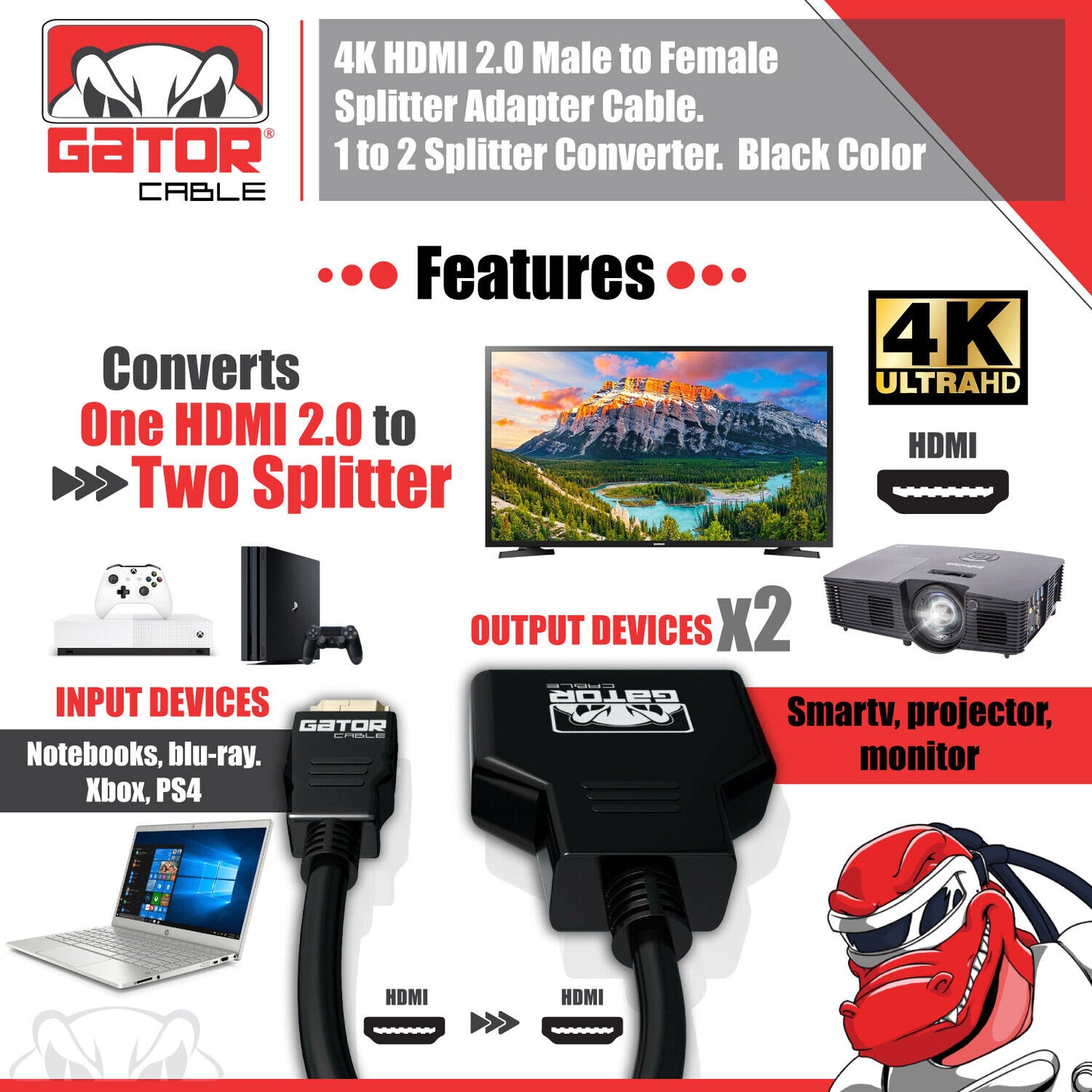 4K HDMI 2.0 Cable Splitter Switch UHD HDTV Switcher Signal Split 1 In To 2 Out