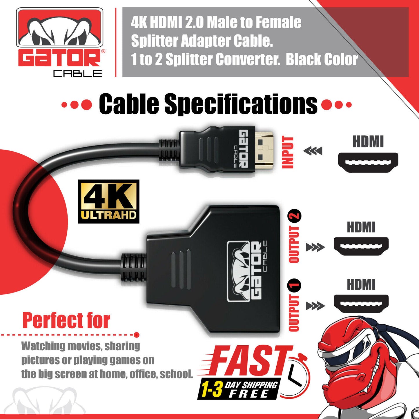 4K HDMI 2.0 Cable Splitter Switch UHD HDTV Switcher Signal Split 1 In To 2 Out