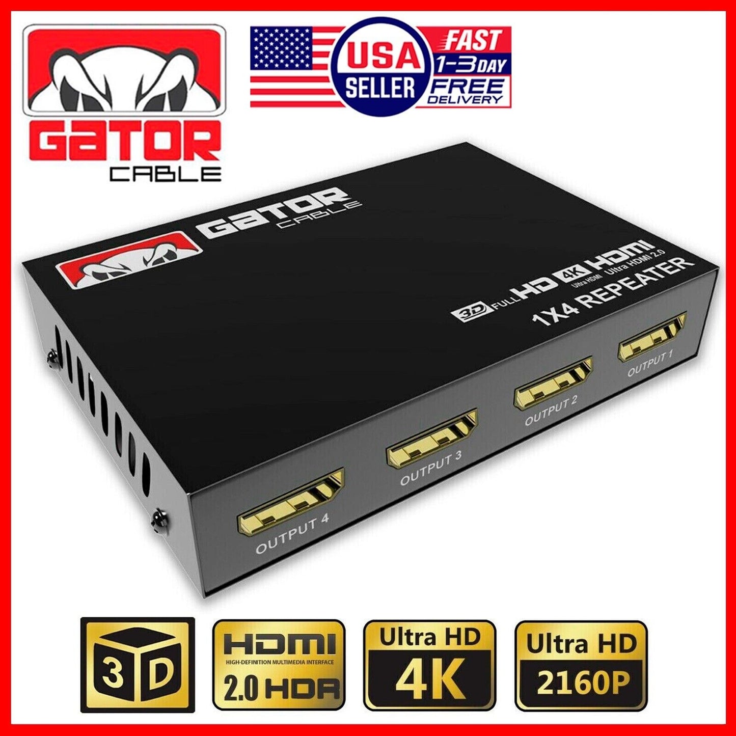 4K HDMI 2.0 Cable Repeater Mirror Splitter Amplifier HUB Box 3D 1 In 4 Out 1x4