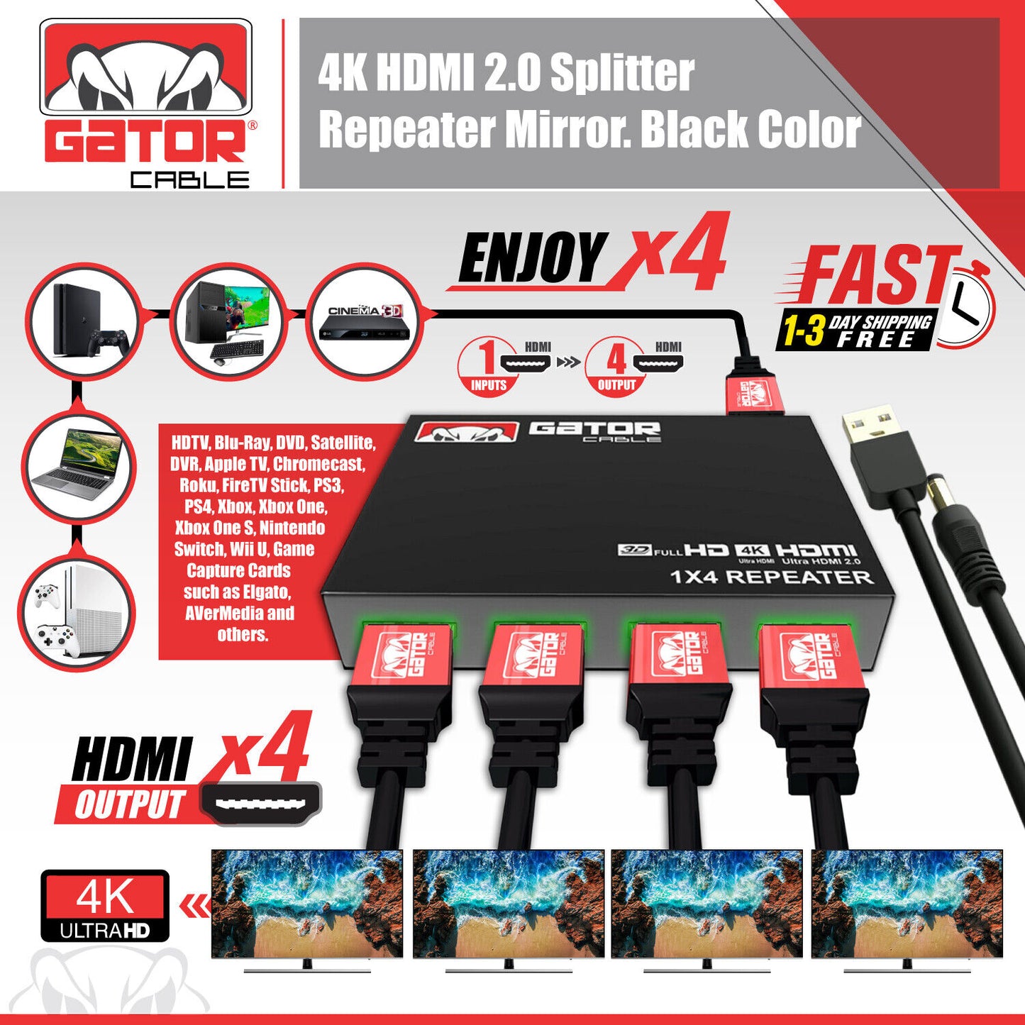 4K HDMI 2.0 Cable Repeater Mirror Splitter Amplifier HUB Box 3D 1 In 4 Out 1x4