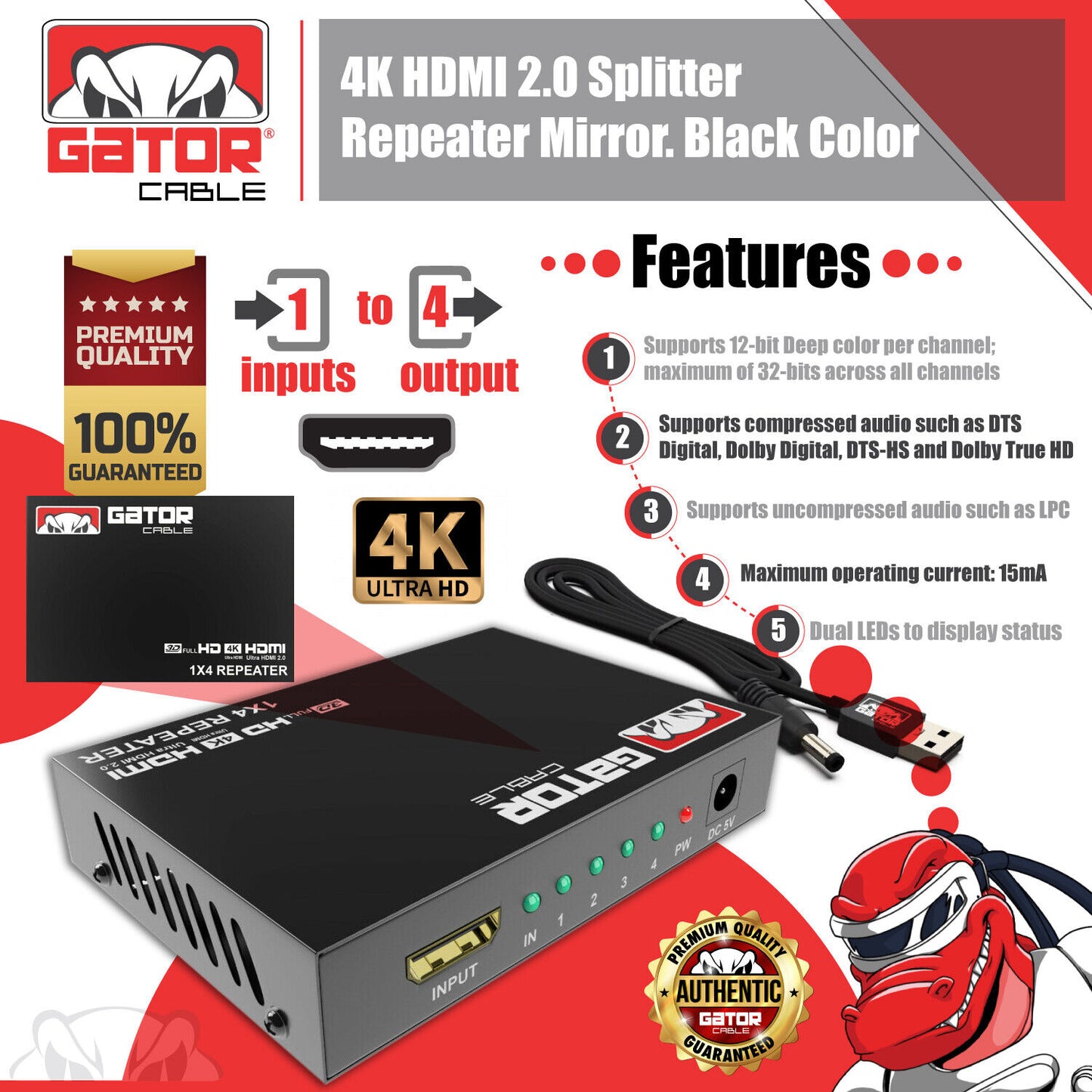 4K HDMI 2.0 Cable Repeater Mirror Splitter Amplifier HUB Box 3D 1 In 4 Out 1x4