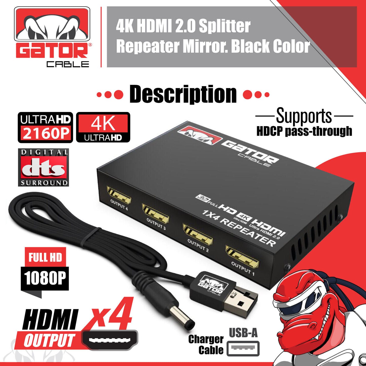 4K HDMI 2.0 Cable Repeater Mirror Splitter Amplifier HUB Box 3D 1 In 4 Out 1x4