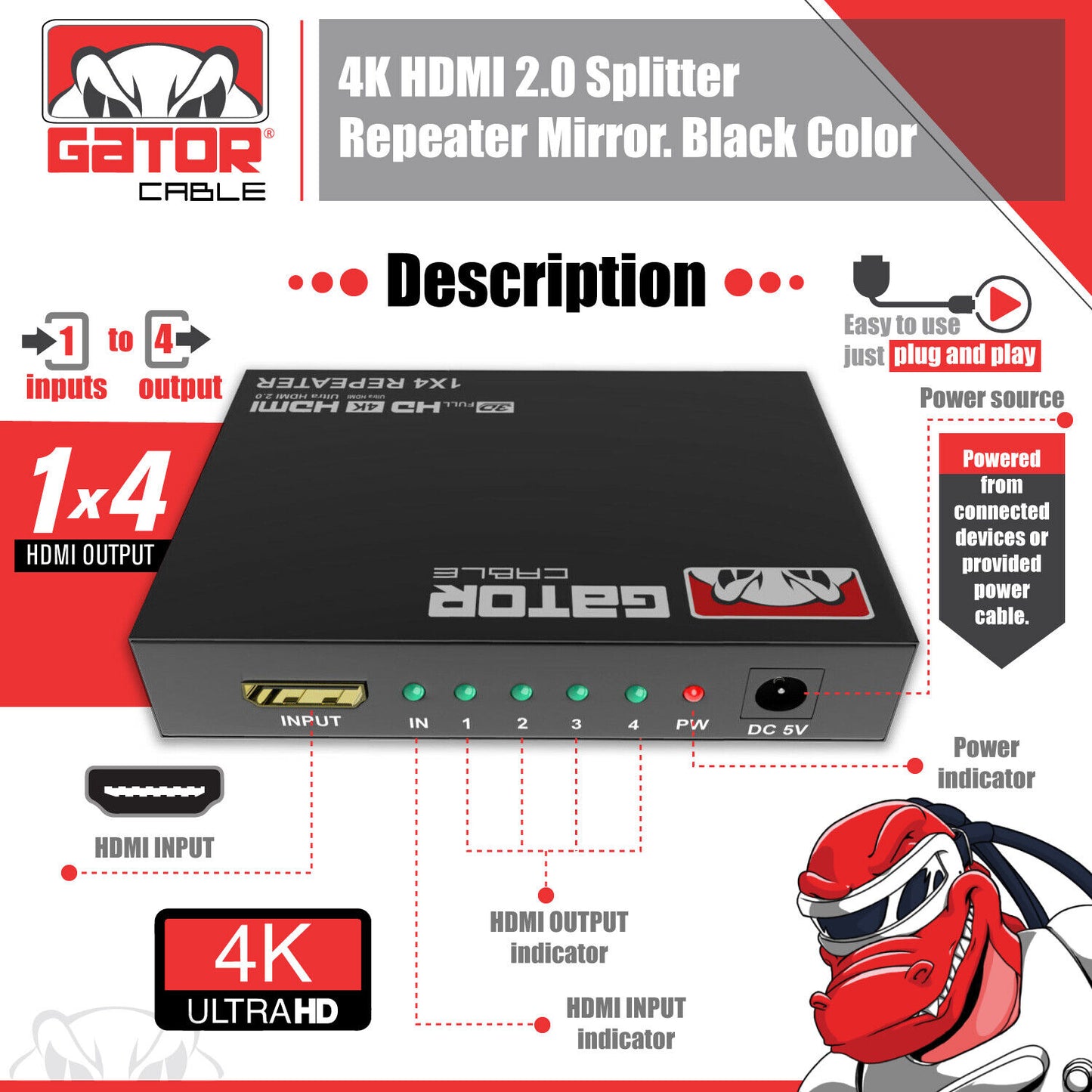 4K HDMI 2.0 Cable Repeater Mirror Splitter Amplifier HUB Box 3D 1 In 4 Out 1x4
