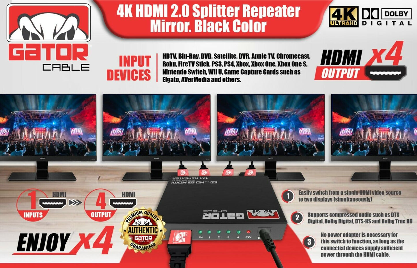 4K HDMI 2.0 Cable Repeater Mirror Splitter Amplifier HUB Box 3D 1 In 4 Out 1x4