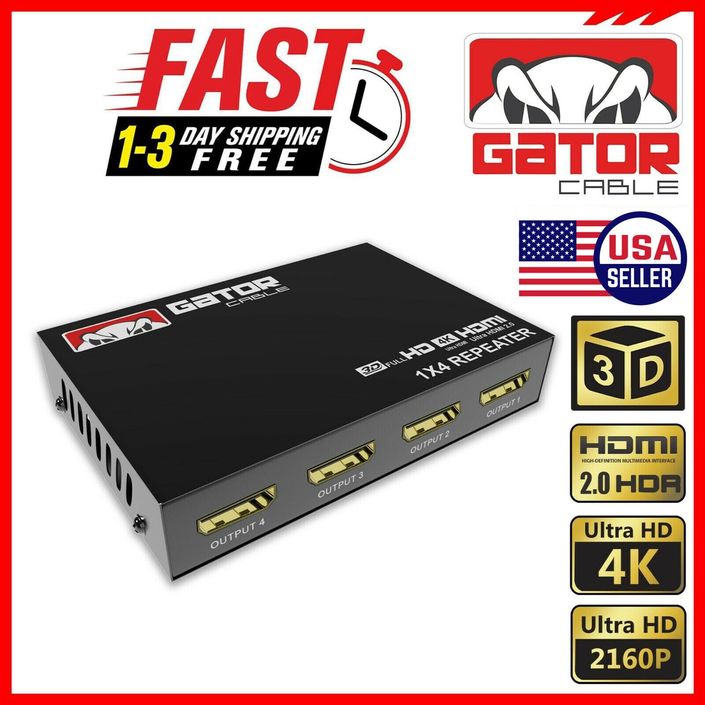 4K HDMI 2.0 Cable Repeater Mirror Splitter Amplifier HUB Box 3D 1 In 4 Out 1x4