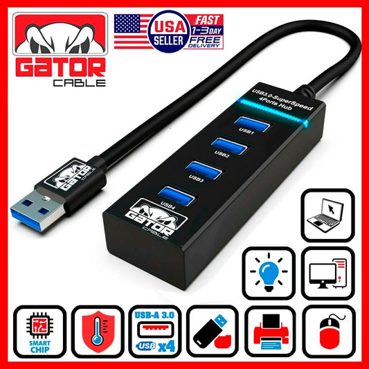 USB 3.0 HUB 4-USB Port Multi Adapter Charger Data For PC Mac Laptop Desktop LED