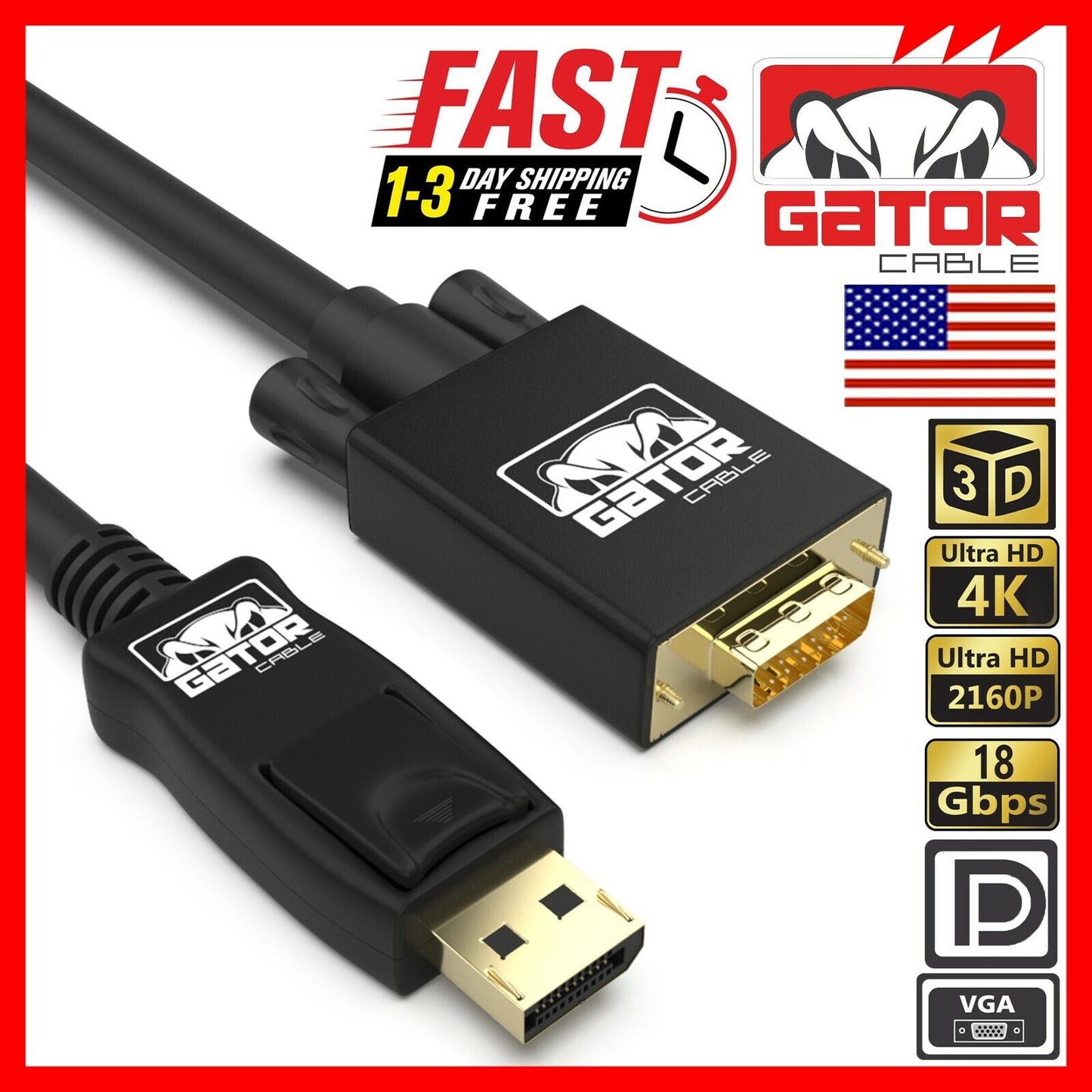 Display Port to VGA Cable Adapter Converter Video HDTV PC Monitor Desktop Laptop
