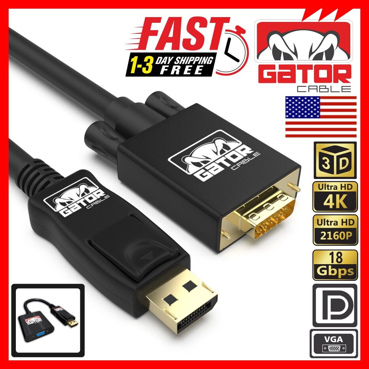 Display Port to VGA Cable Adapter Converter Video HDTV PC Monitor Desktop Laptop