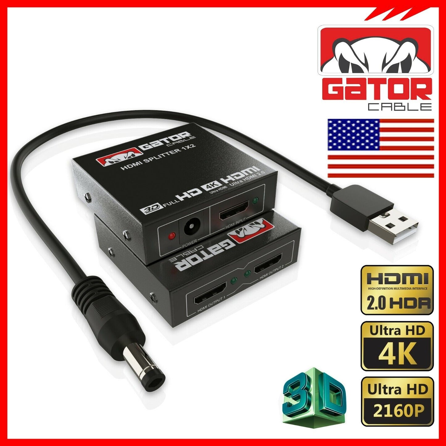 HDMI 2.0 Cable Repeater Mirror Amplifier Duplicator 4K HDTV Monitor 1 In 2 Out