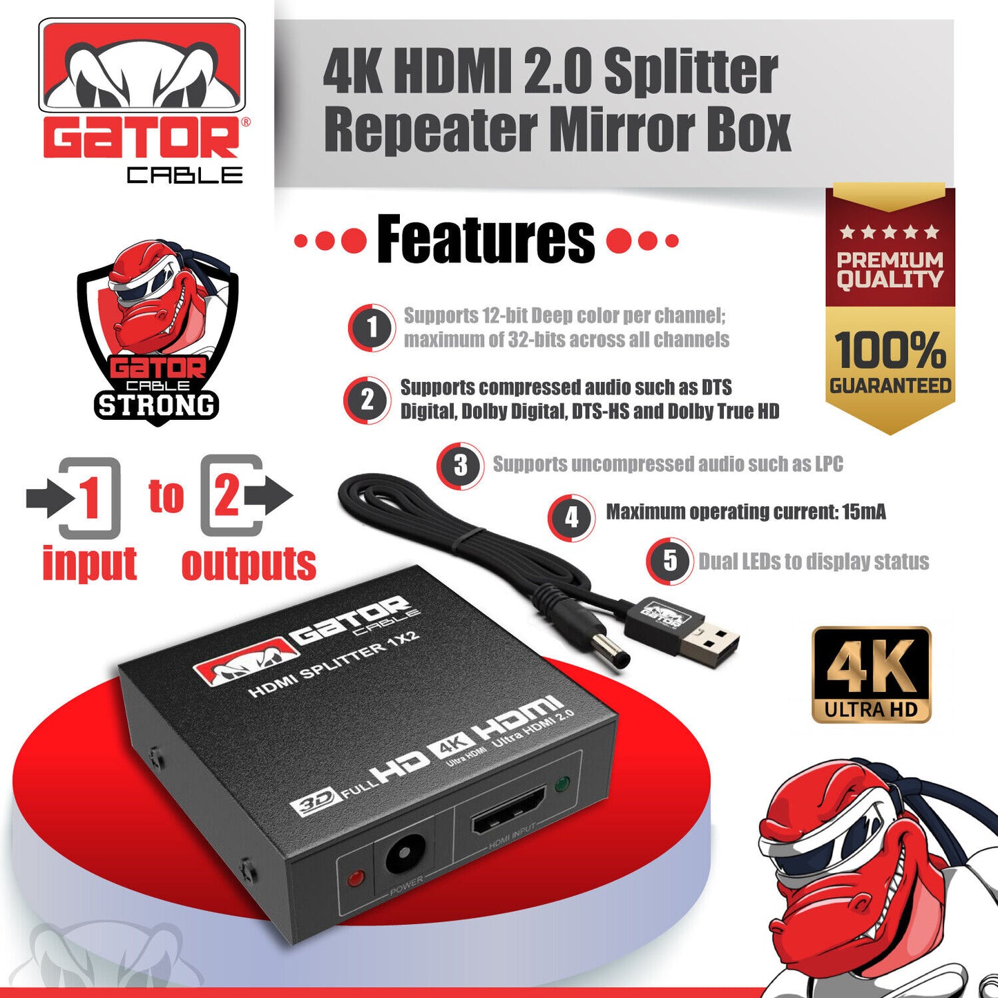 HDMI 2.0 Cable Repeater Mirror Amplifier Duplicator 4K HDTV Monitor 1 In 2 Out