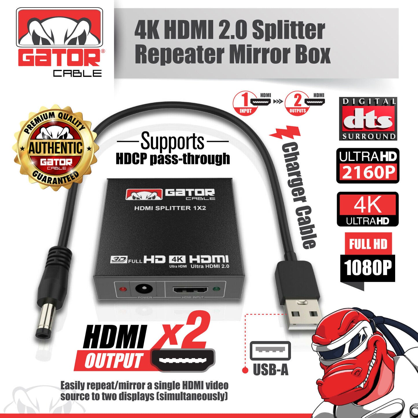 HDMI 2.0 Cable Repeater Mirror Amplifier Duplicator 4K HDTV Monitor 1 In 2 Out