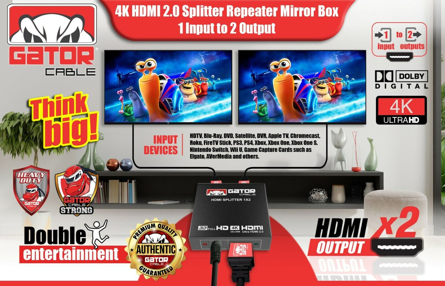 HDMI 2.0 Cable Repeater Mirror Amplifier Duplicator 4K HDTV Monitor 1 In 2 Out