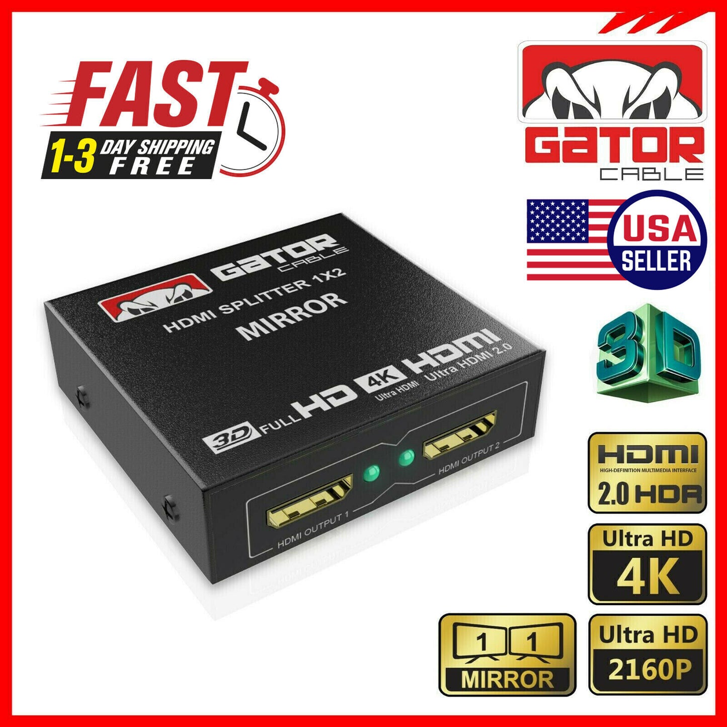 HDMI 2.0 Cable Repeater Mirror Amplifier Duplicator 4K HDTV Monitor 1 In 2 Out