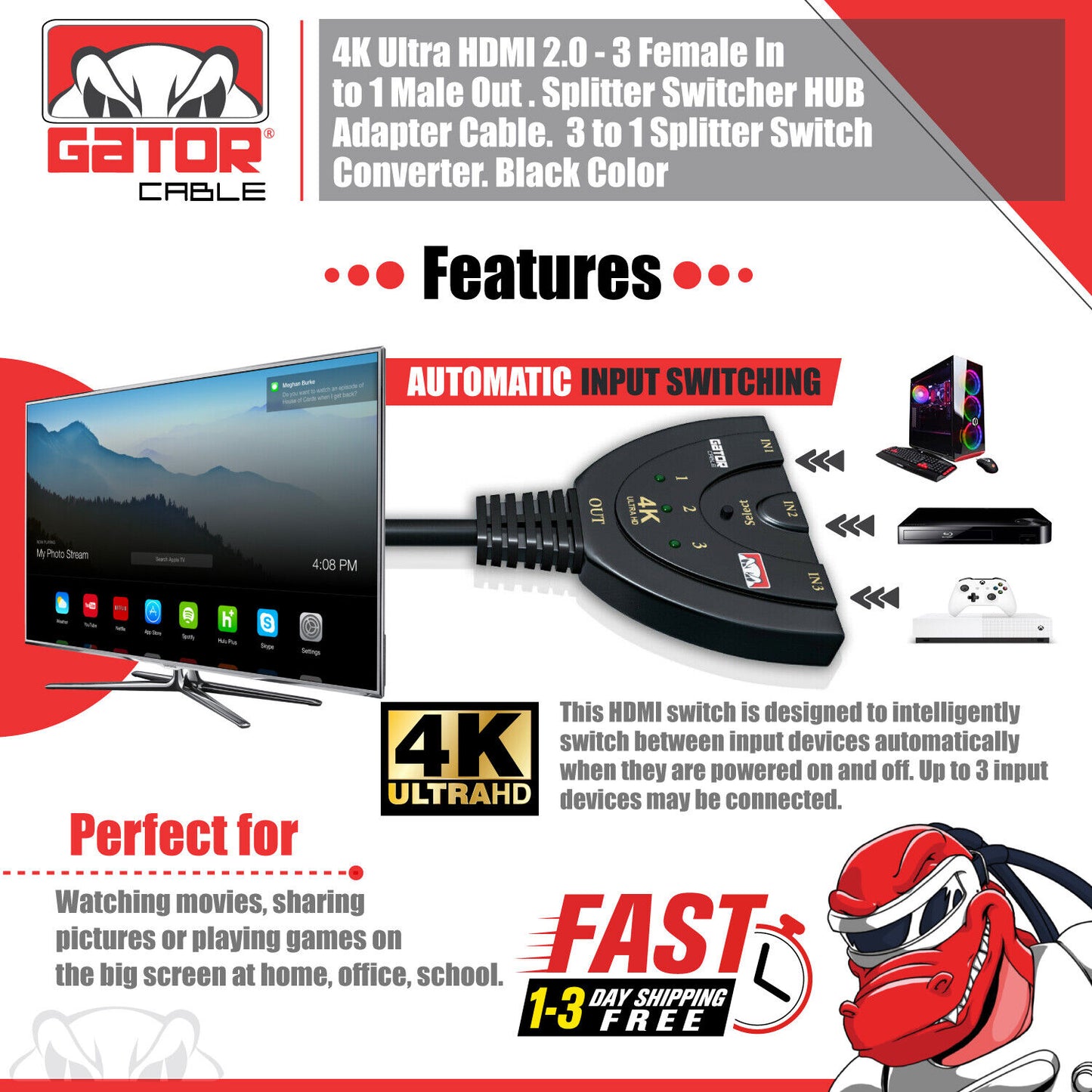 4K HDMI 2.0 Cable Auto Switch Switcher Splitter Adapter 3 In to 1 Out Devices