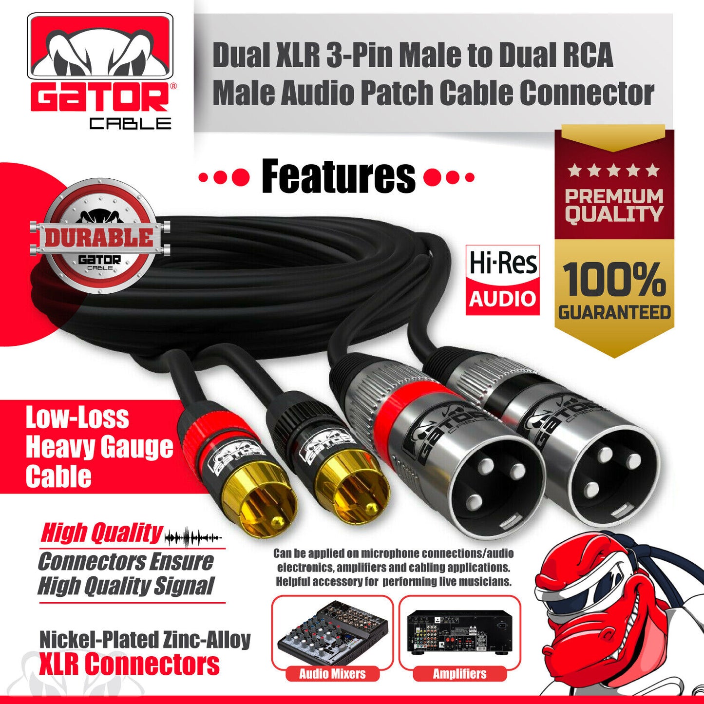 Dual XLR 3-Pin Male to Dual RCA Male Patch Cable Splitter Shielded Audio Plug