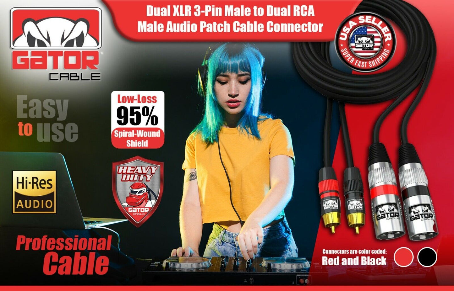 Dual XLR 3-Pin Male to Dual RCA Male Patch Cable Splitter Shielded Audio Plug
